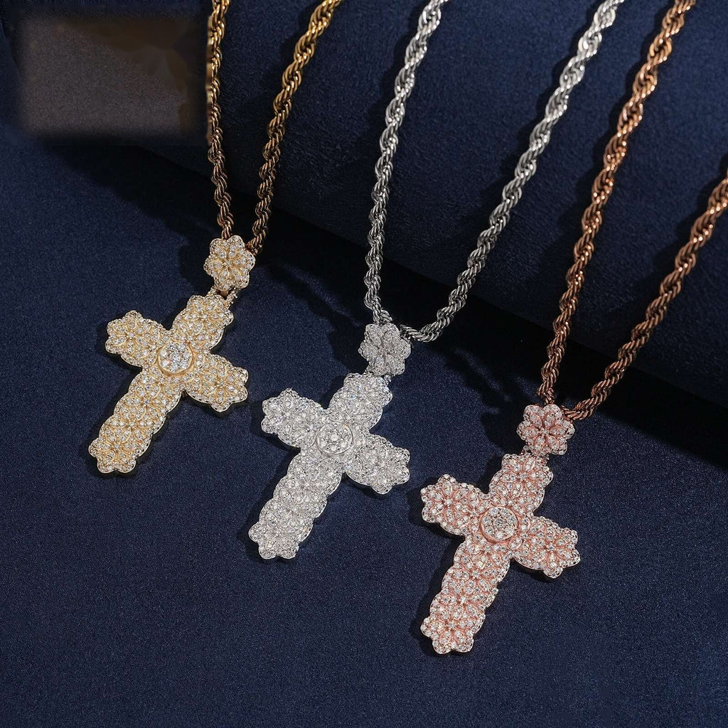 Flower Cross Pendant — Moissanite, 925 Silver