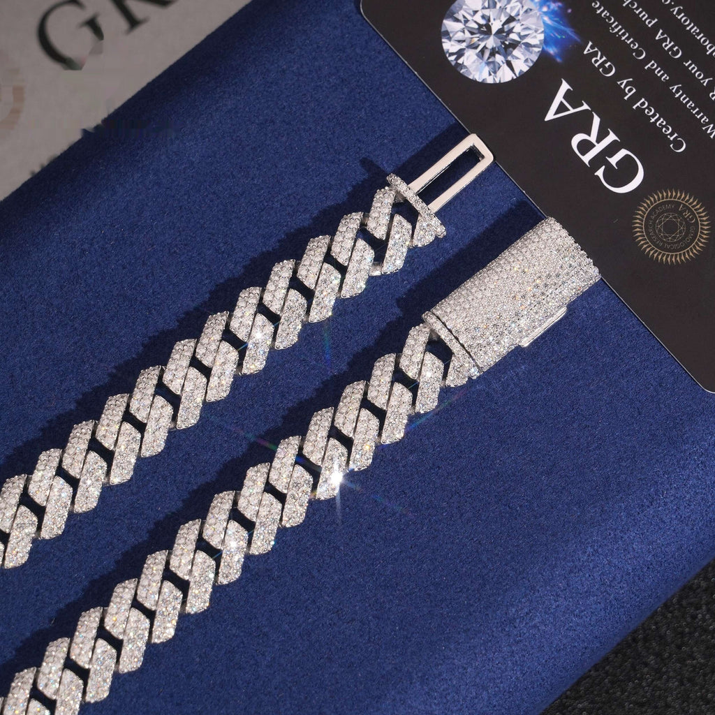 12mm Cuban Chain 2-Row Honeycomb Setting — Moissanite, 925 Silver