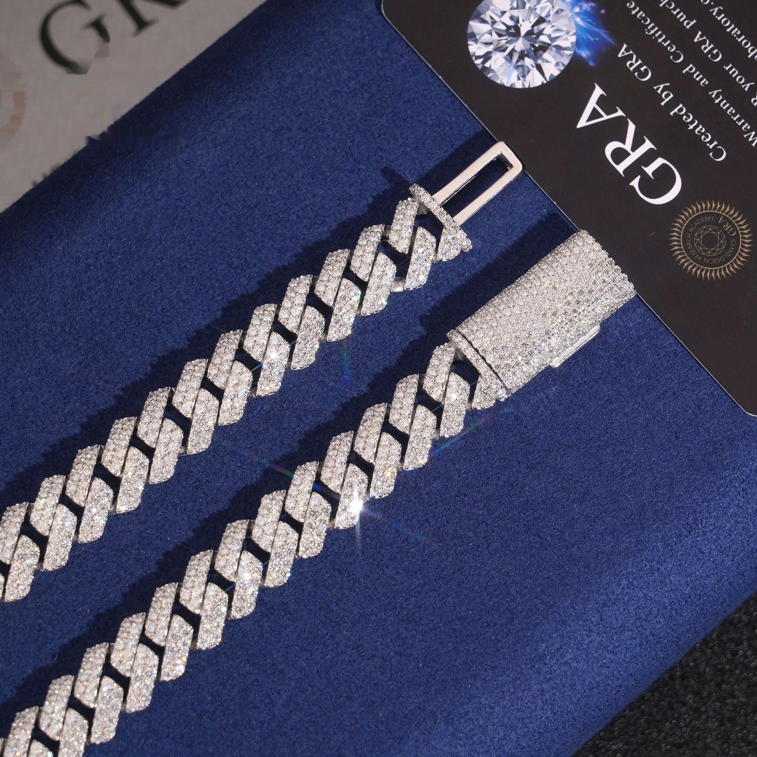 12mm Cuban Chain 2-Row Honeycomb Setting — Moissanite, 925 Silver