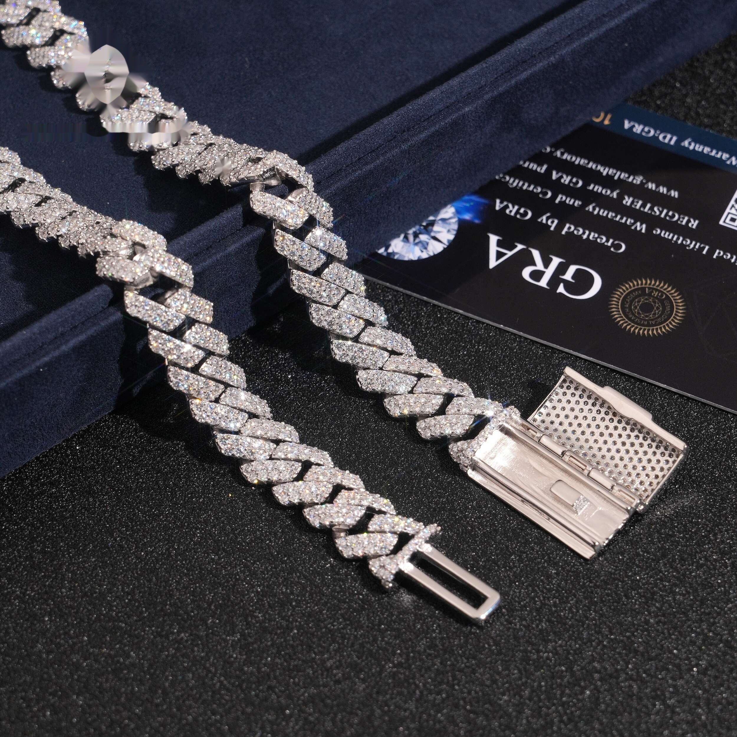 12mm Cuban Chain 2-Row Honeycomb Setting — Moissanite, 925 Silver