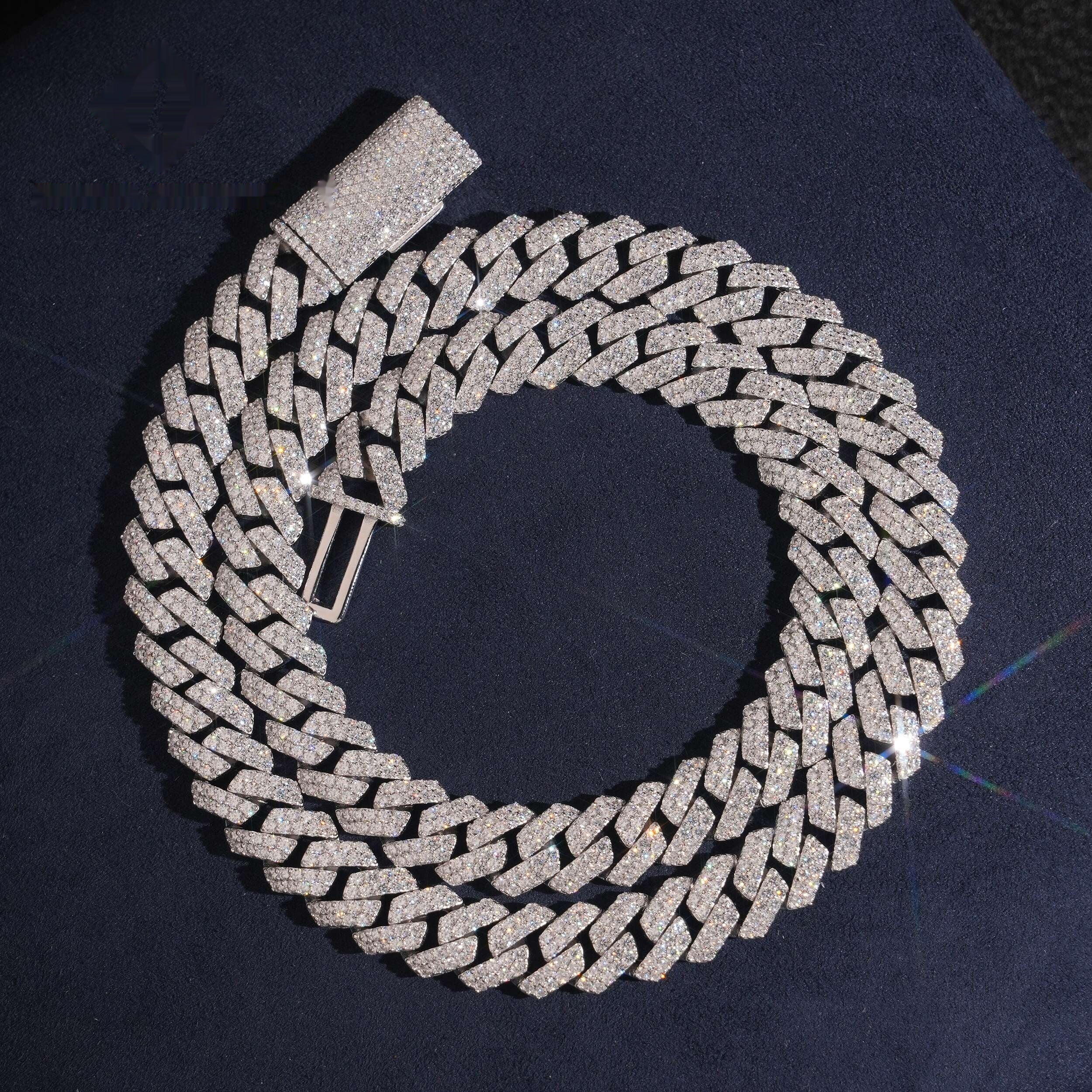 12mm Cuban Chain 2-Row Honeycomb Setting — Moissanite, 925 Silver