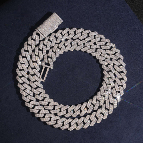12mm Cuban Chain 2-Row Honeycomb Setting — Moissanite, 925 Silver