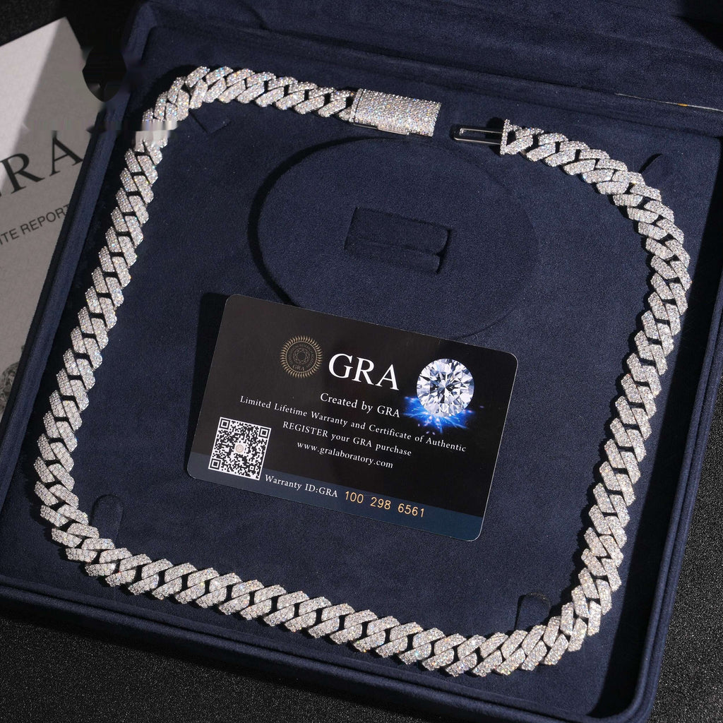 12mm Cuban Chain 2-Row Honeycomb Setting — Moissanite, 925 Silver