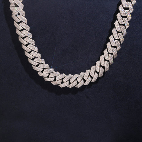 15mm Cuban Chain 3-Row Honeycomb Setting — Moissanite, 925 Silver