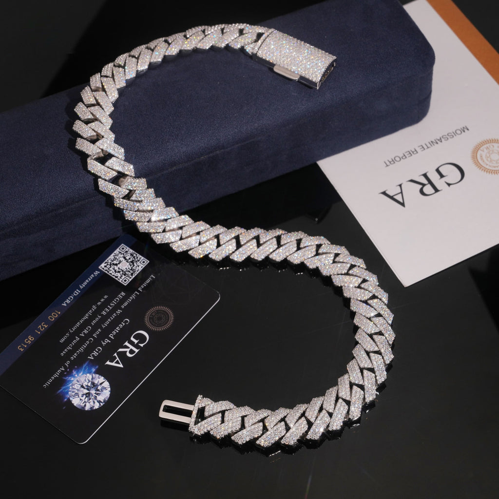 15mm Cuban Chain 3-Row Honeycomb Setting — Moissanite, 925 Silver