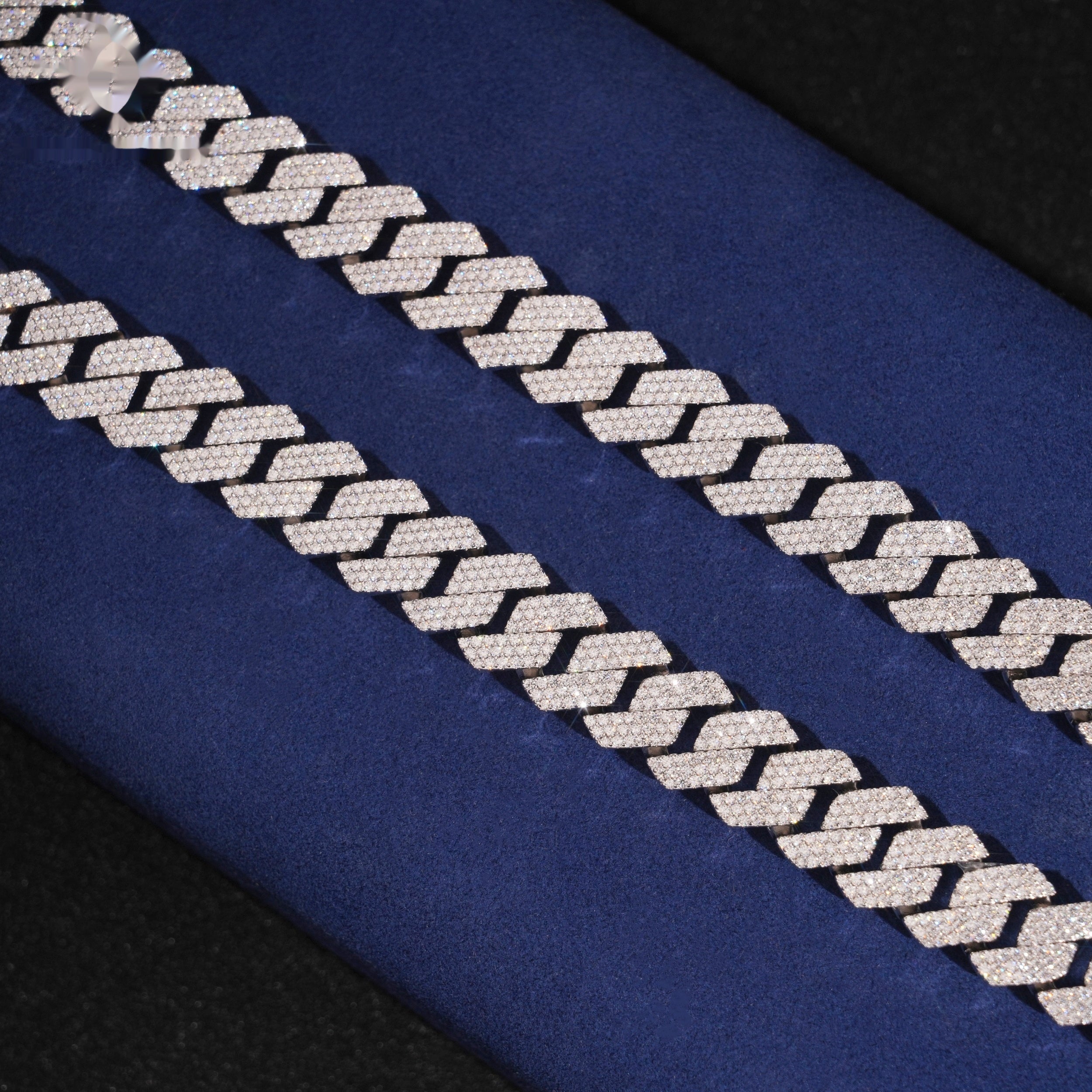 15mm Cuban Chain 3-Row Honeycomb Setting Wide Link — Moissanite, 925 Silver