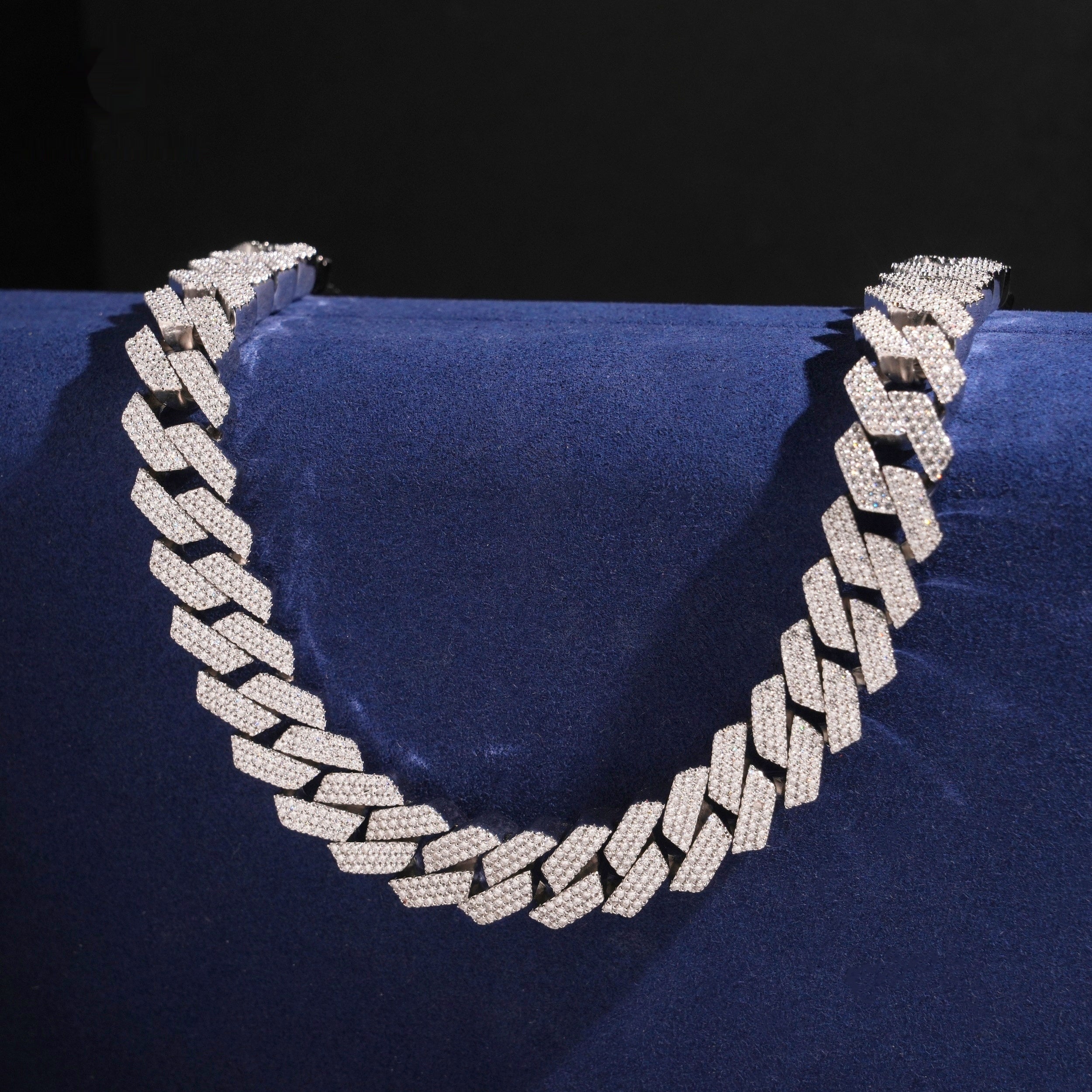 15mm Cuban Chain 3-Row Honeycomb Setting Wide Link — Moissanite, 925 Silver