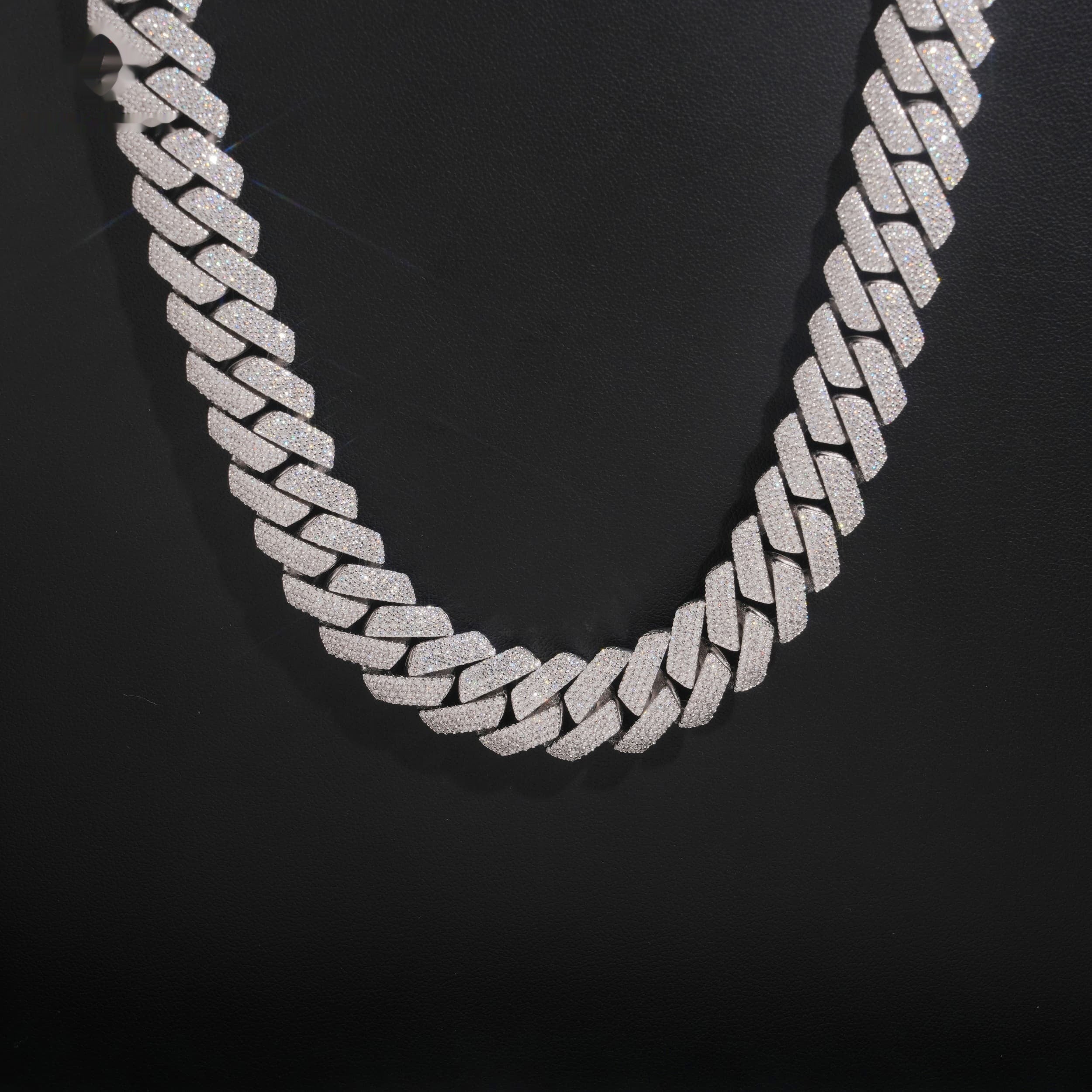 15mm Cuban Chain 4-Row Honeycomb Setting — Moissanite, 925 Silver