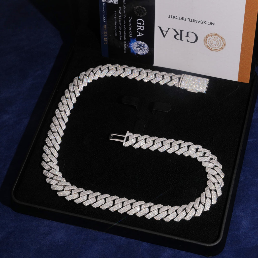 15mm Cuban Chain 4-Row Honeycomb Setting — Moissanite, 925 Silver