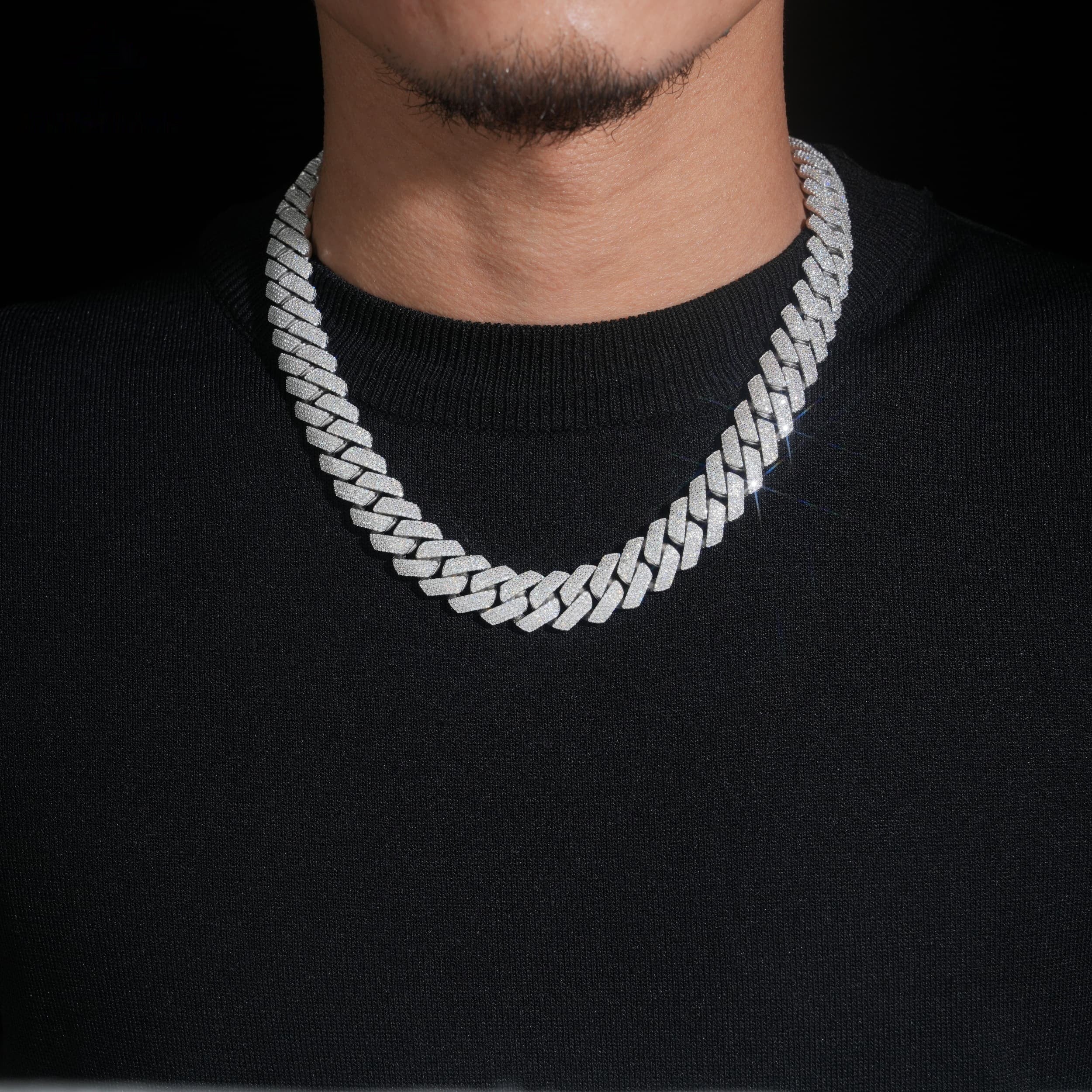 15mm Cuban Chain 4-Row Honeycomb Setting — Moissanite, 925 Silver