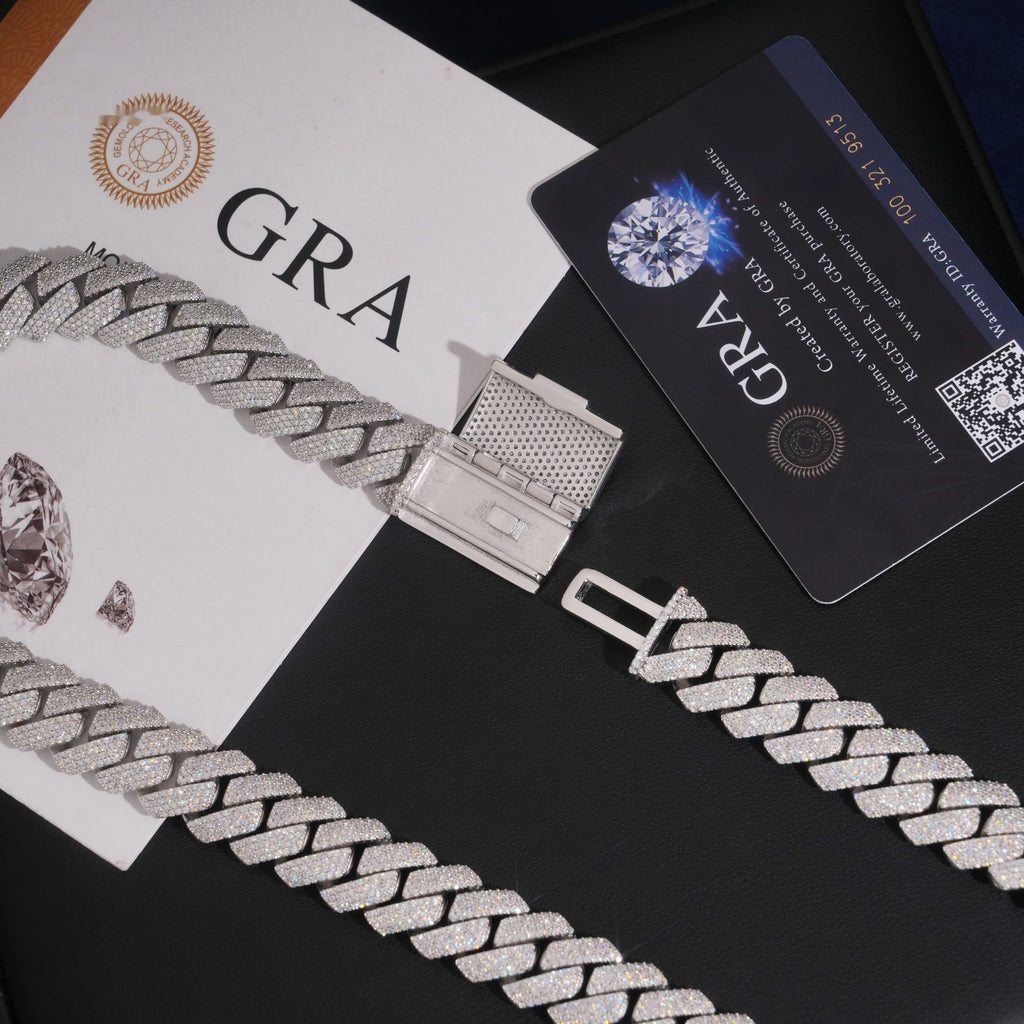 15mm Cuban Chain 4-Row Honeycomb Setting — Moissanite, 925 Silver