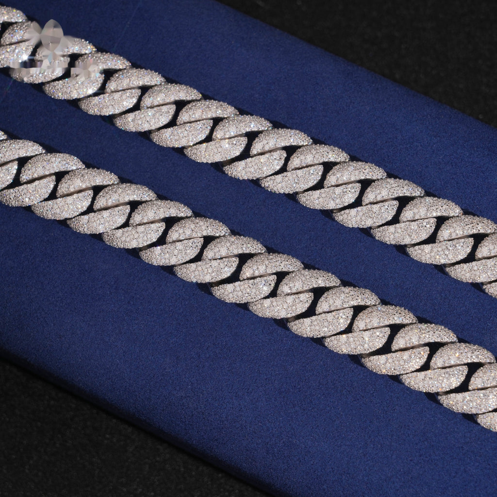 18mm Cuban Chain Pavé Mosaic Setting New Lock — Moissanite, 925 Silver