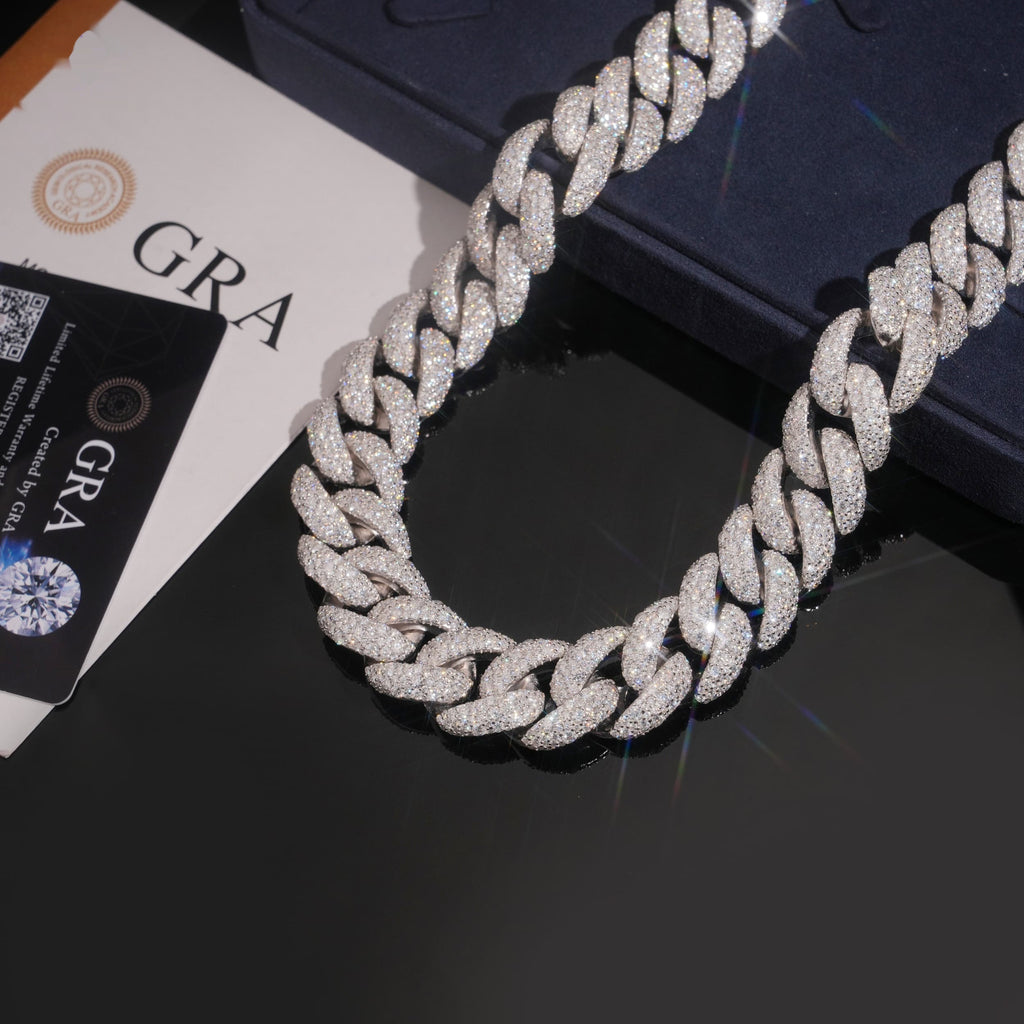 20mm Cuban Chain Pavé Mosaic Setting — Moissanite, 925 Silver