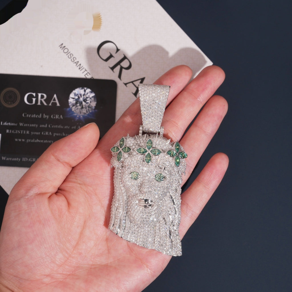 Emerald Crown Jesus Pendant — Moissanite, 925 Silver