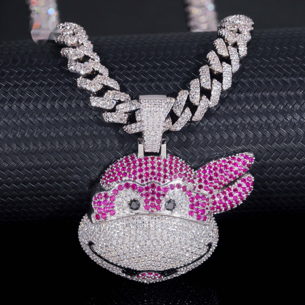 Pink Cartoon Monkey Pendant — Moissanite, 925 Silver