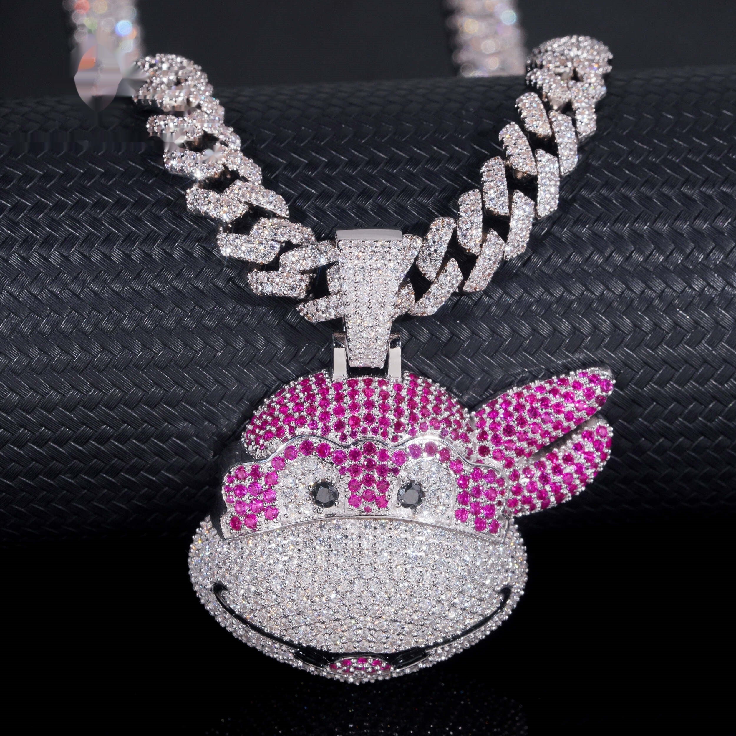 Pink Cartoon Monkey Pendant — Moissanite, 925 Silver