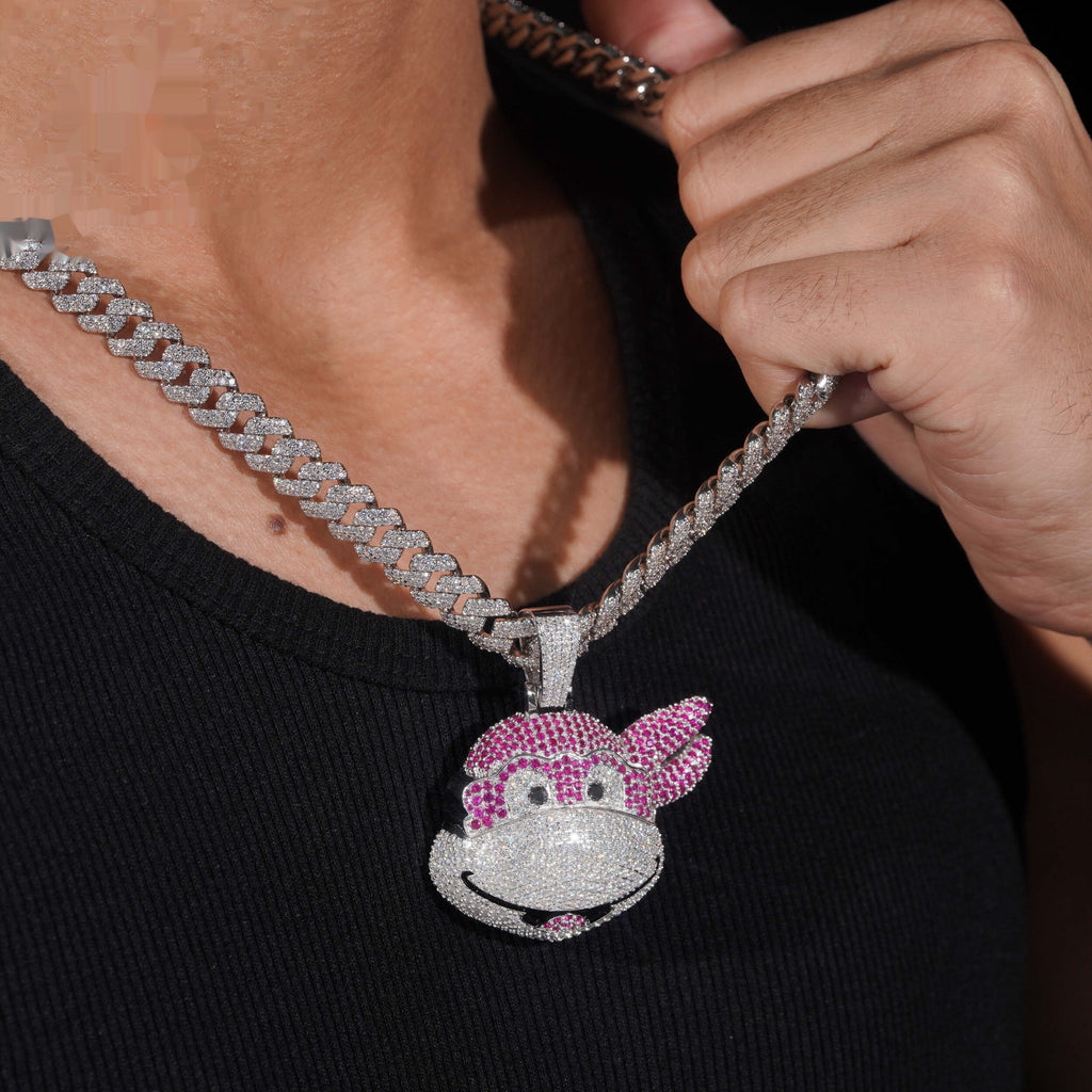 Pink Cartoon Monkey Pendant — Moissanite, 925 Silver