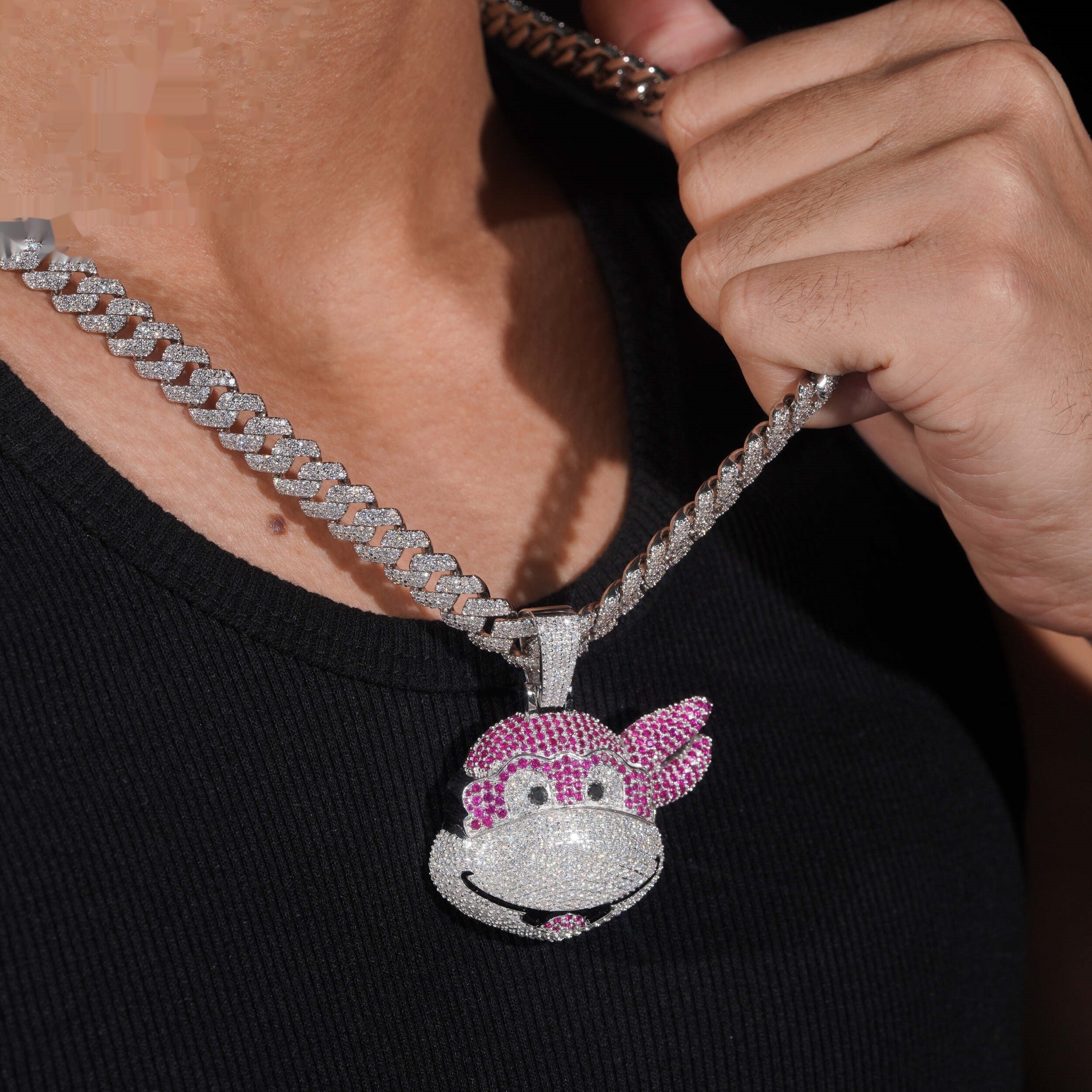 Pink Cartoon Monkey Pendant — Moissanite, 925 Silver