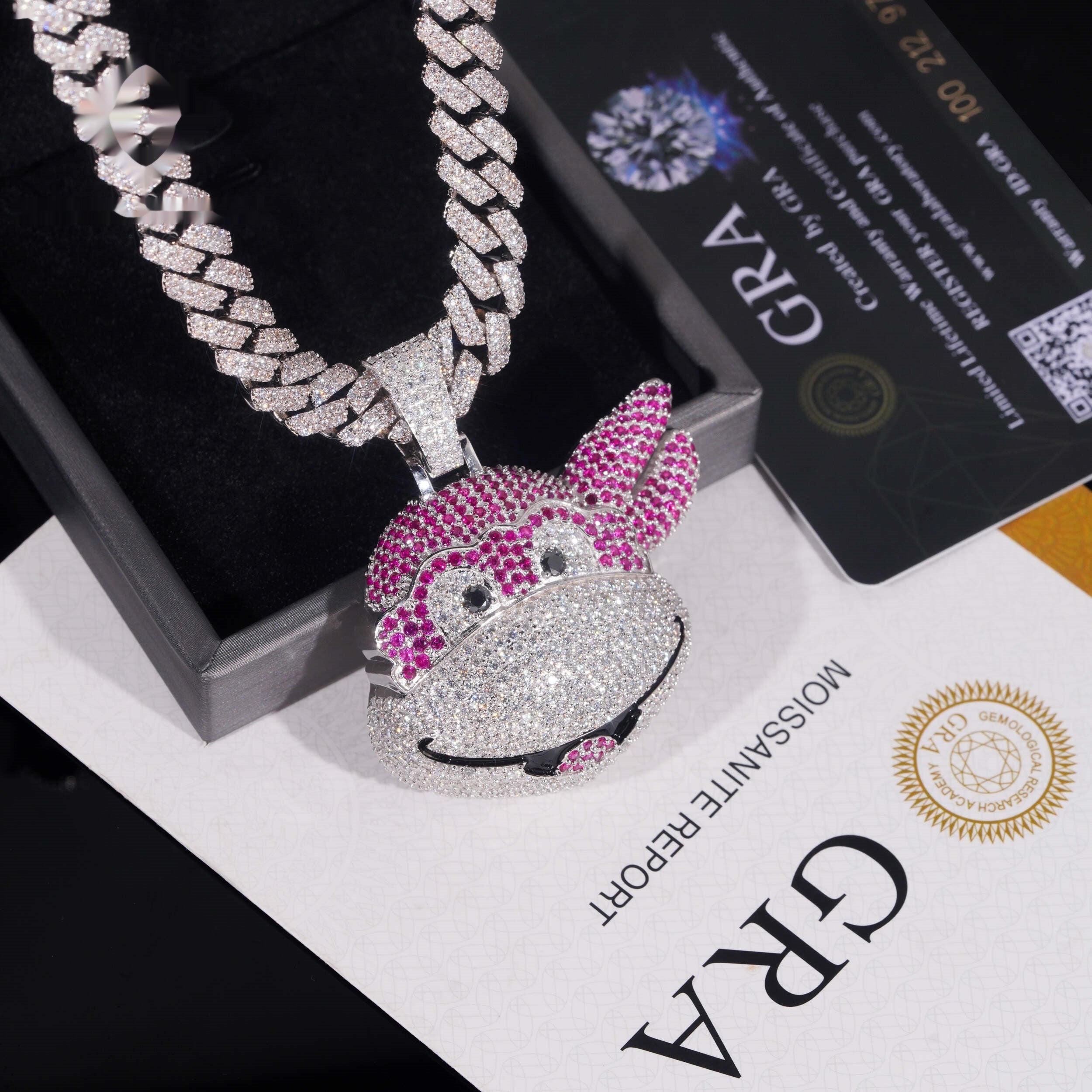 Pink Cartoon Monkey Pendant — Moissanite, 925 Silver