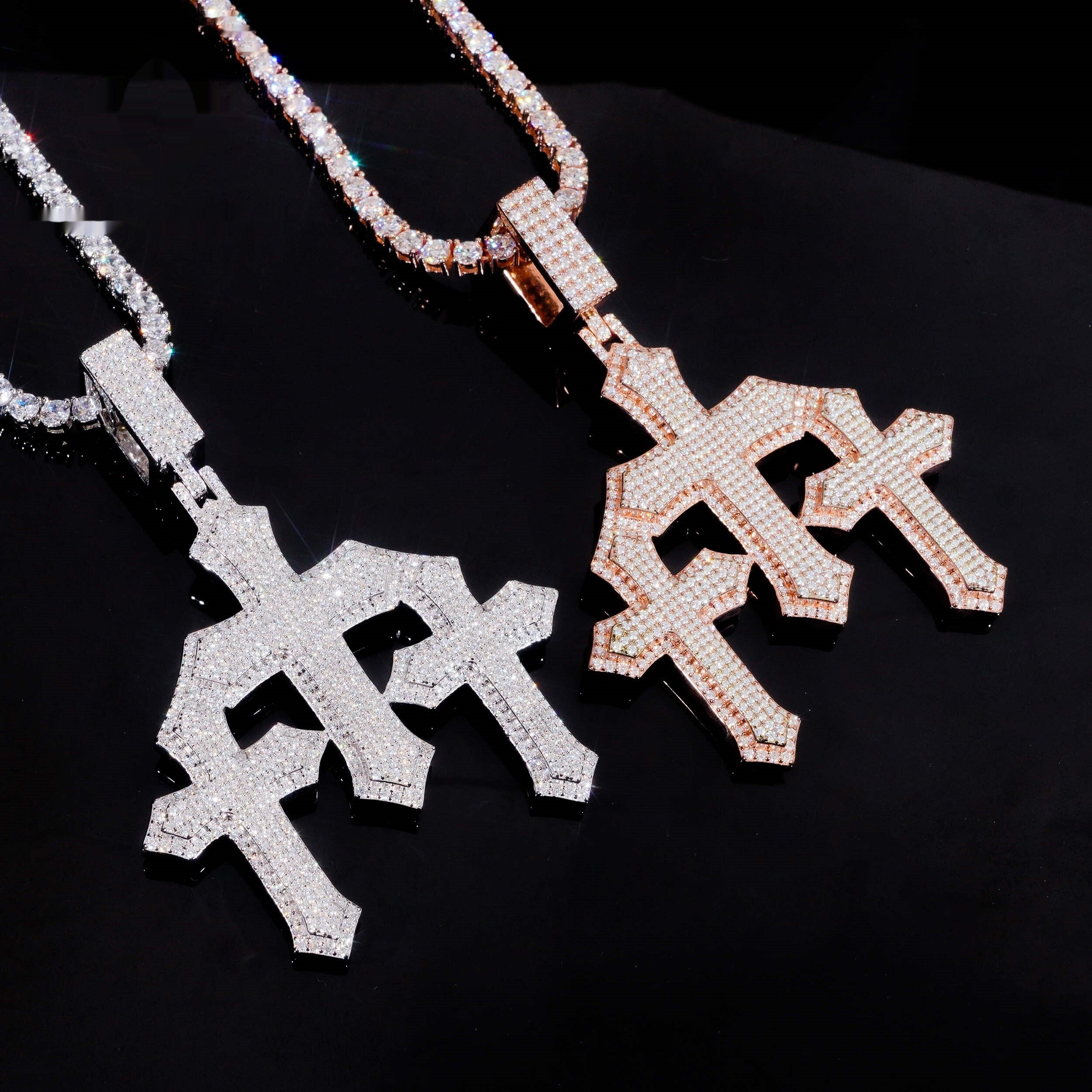 Triple Gothic Cross Pendant — Moissanite, 925 Silver