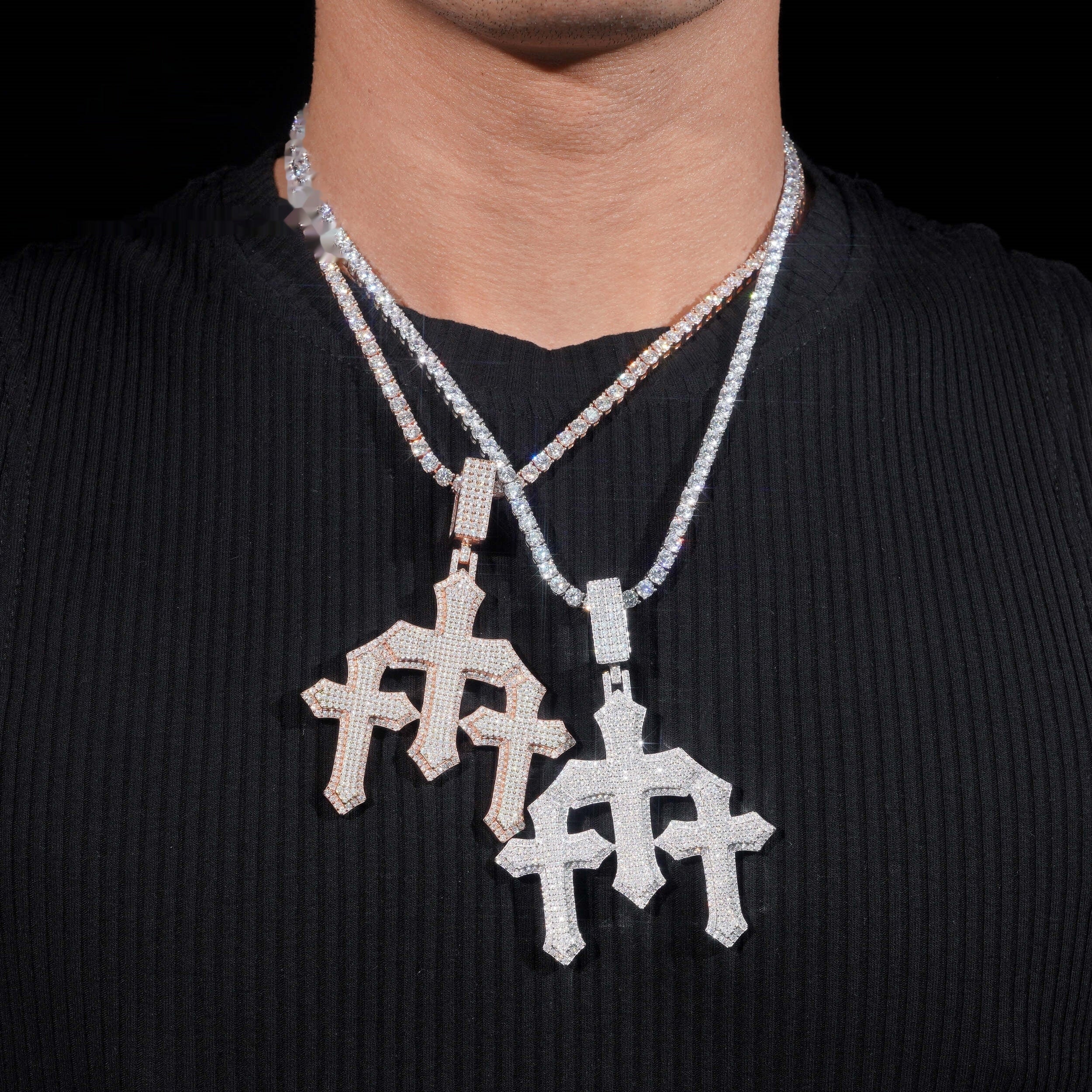 Triple Gothic Cross Pendant — Moissanite, 925 Silver