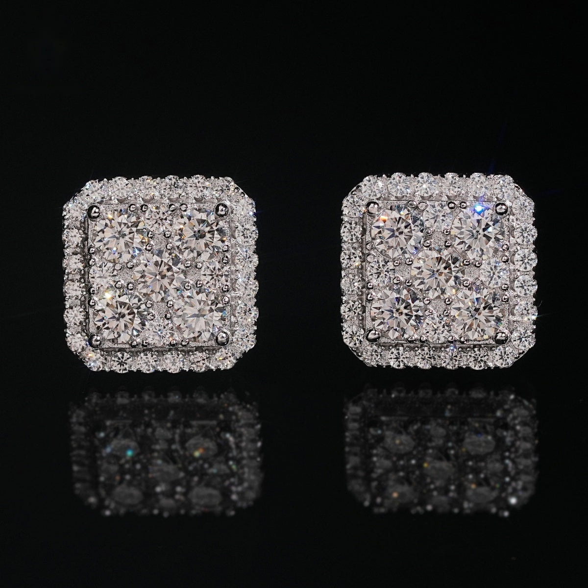 Halo Square Stud Earrings Screw Back — Moissanite, 925 Silver
