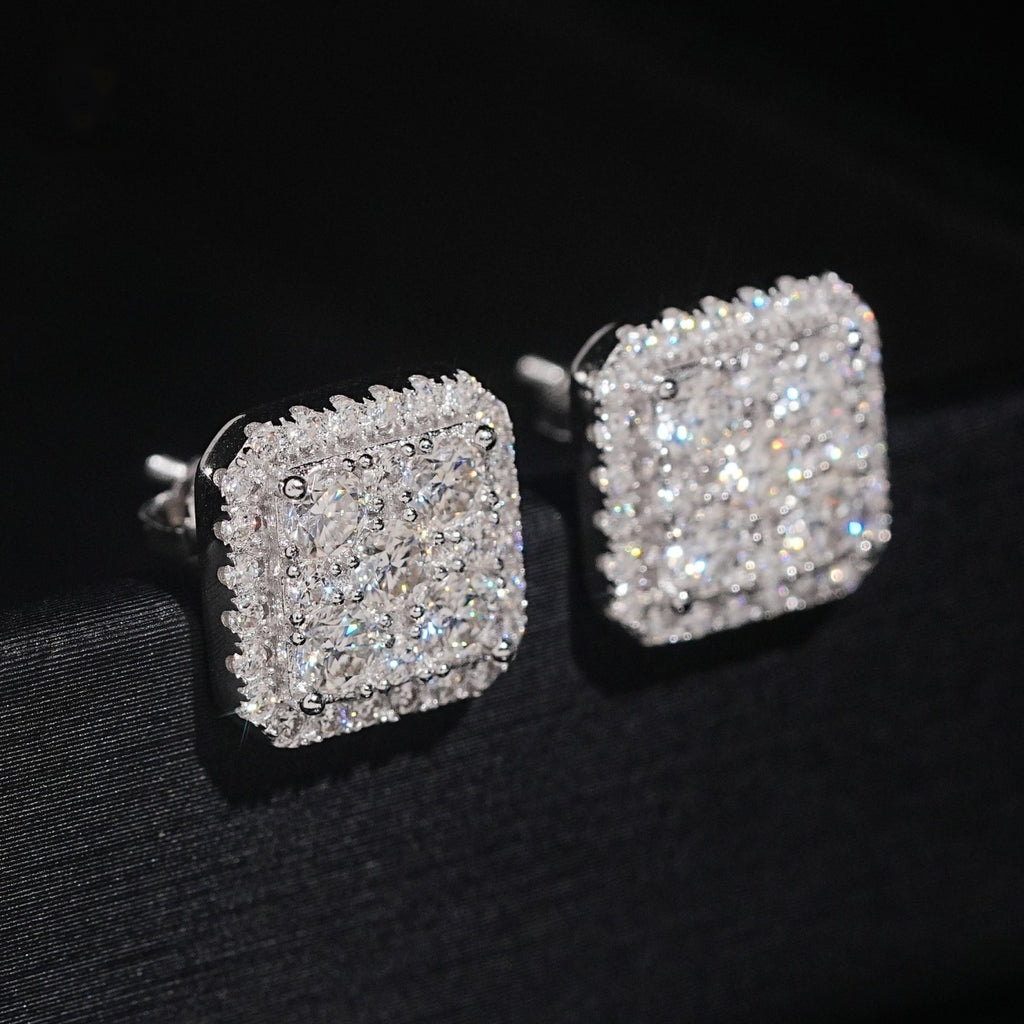 Halo Square Stud Earrings Screw Back — Moissanite, 925 Silver