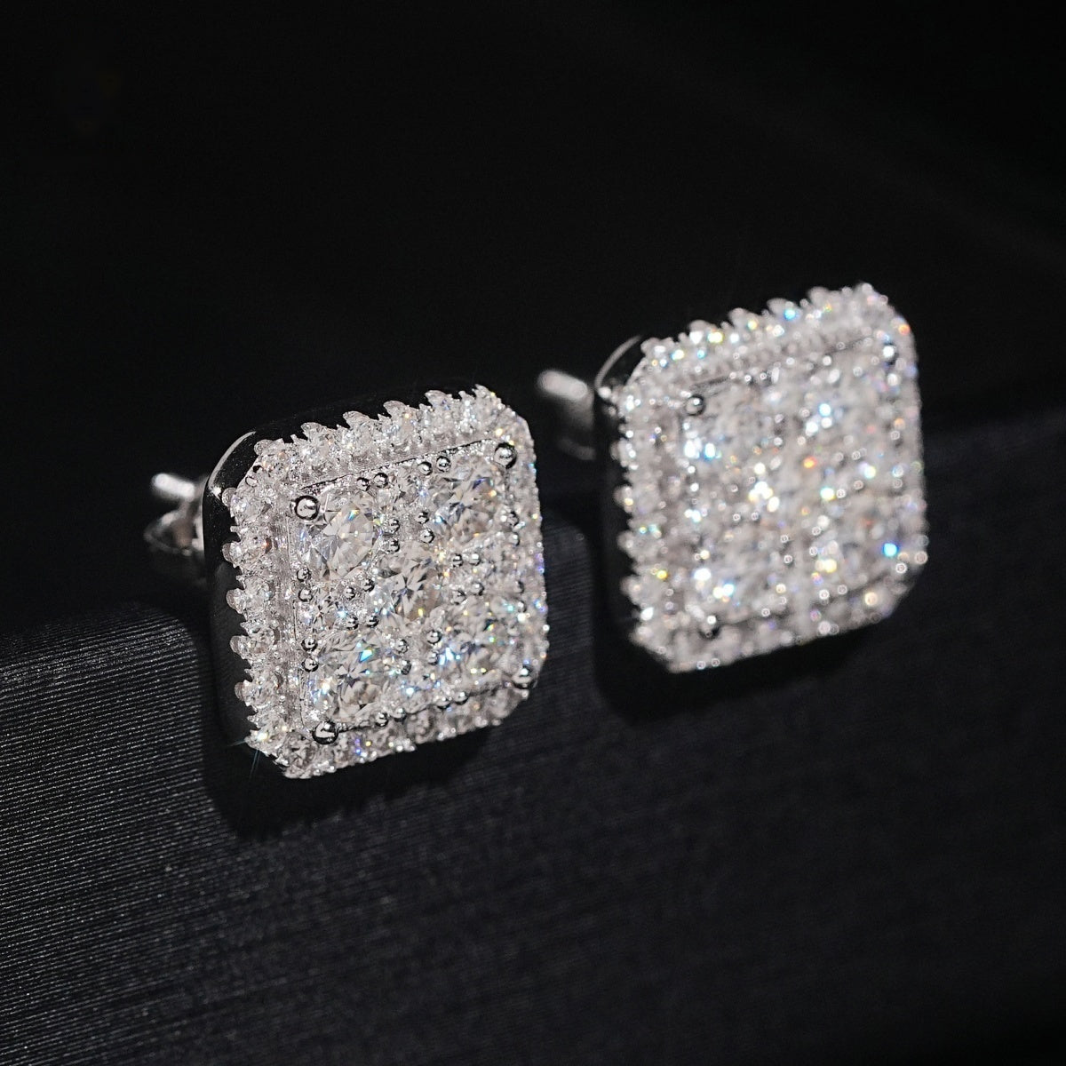 Halo Square Stud Earrings Screw Back — Moissanite, 925 Silver