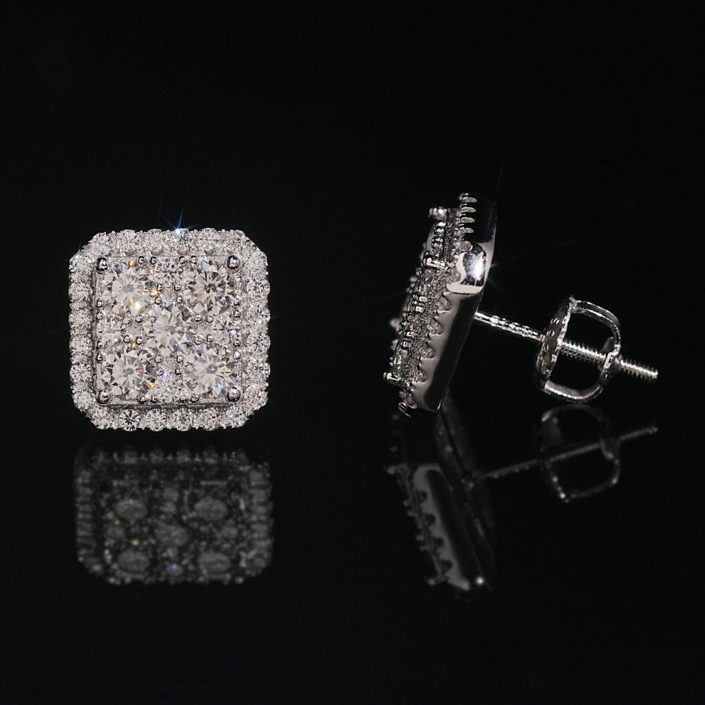 Halo Square Stud Earrings Screw Back — Moissanite, 925 Silver