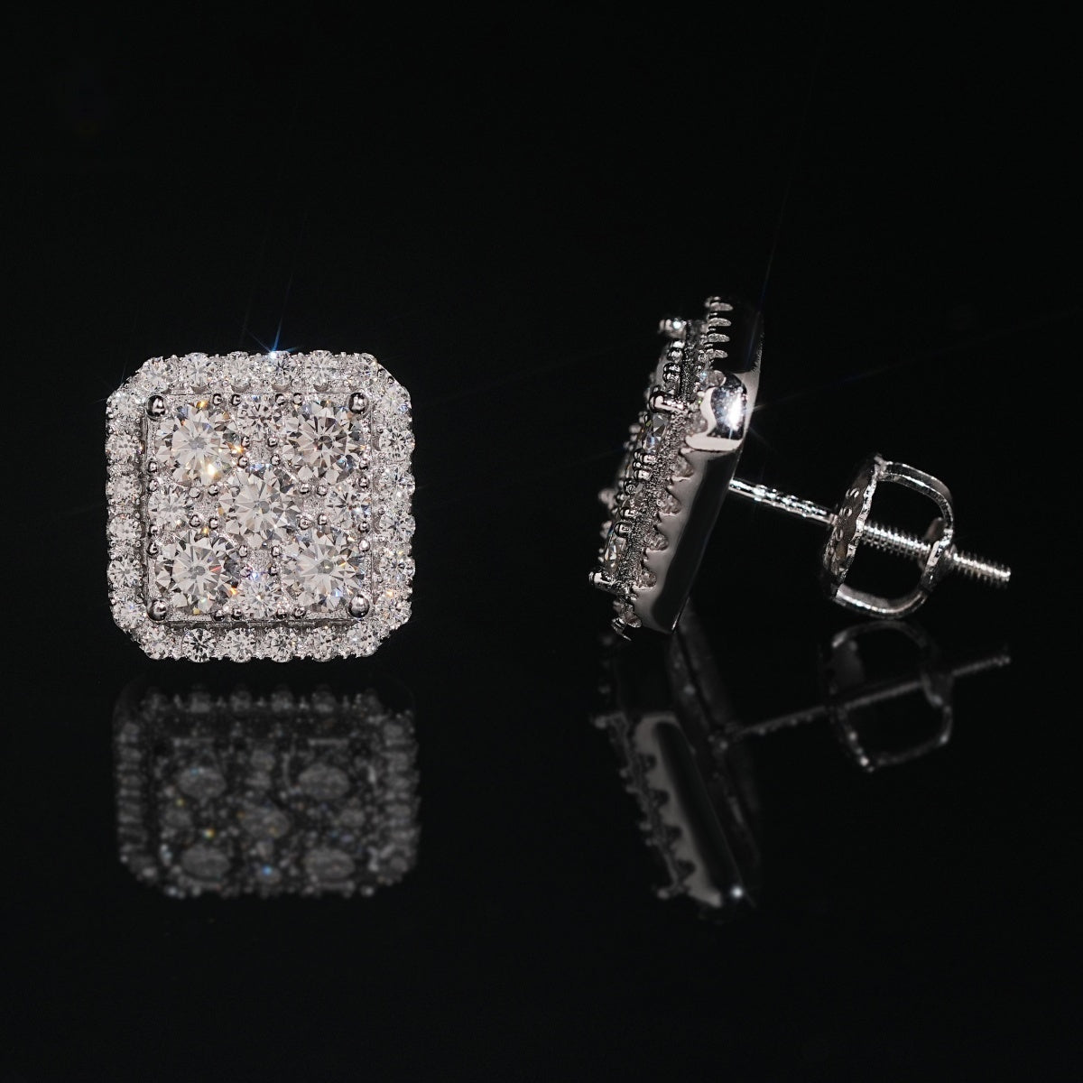 Halo Square Stud Earrings Screw Back — Moissanite, 925 Silver