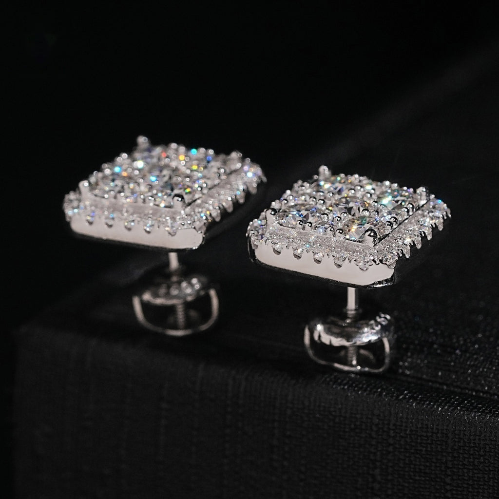Halo Square Stud Earrings Screw Back — Moissanite, 925 Silver
