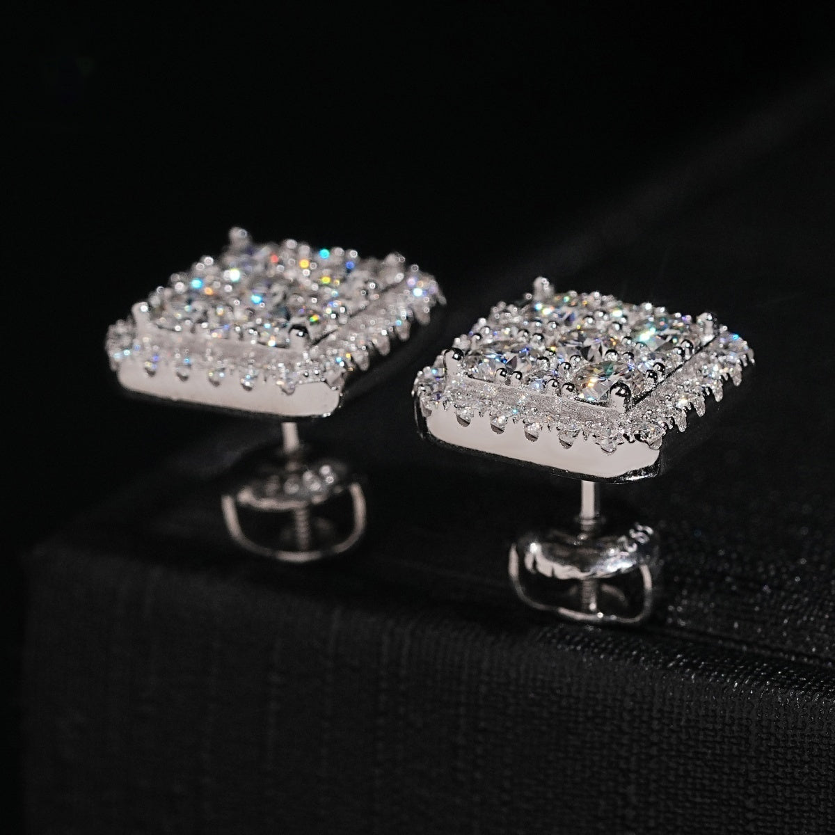 Halo Square Stud Earrings Screw Back — Moissanite, 925 Silver