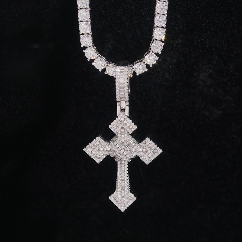 Iced Bail Baguette Cross Pendant — Moissanite, 925 Silver