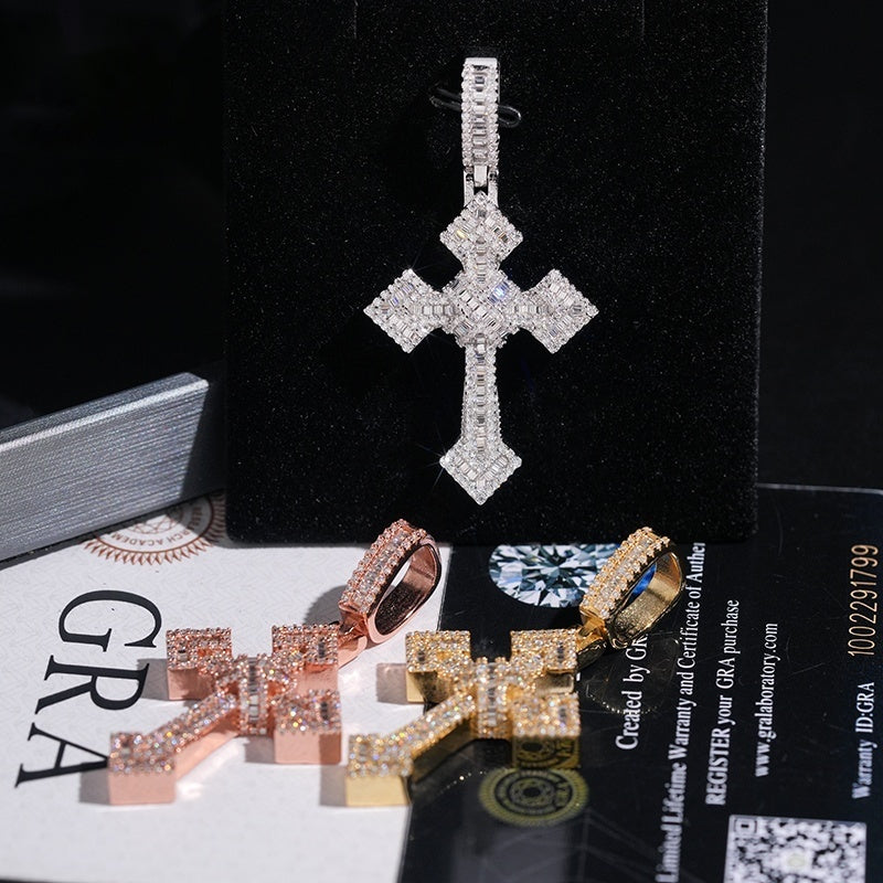 Iced Bail Baguette Cross Pendant — Moissanite, 925 Silver