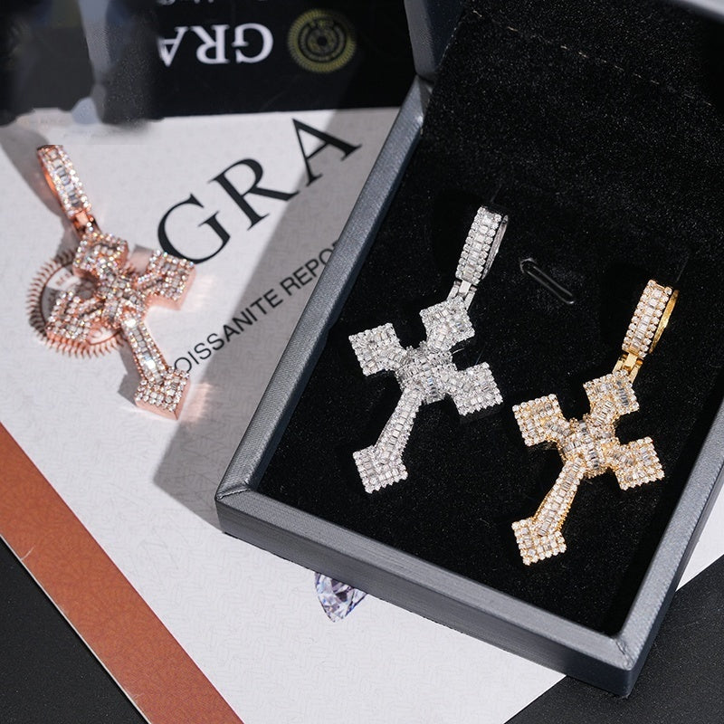 Iced Bail Baguette Cross Pendant — Moissanite, 925 Silver