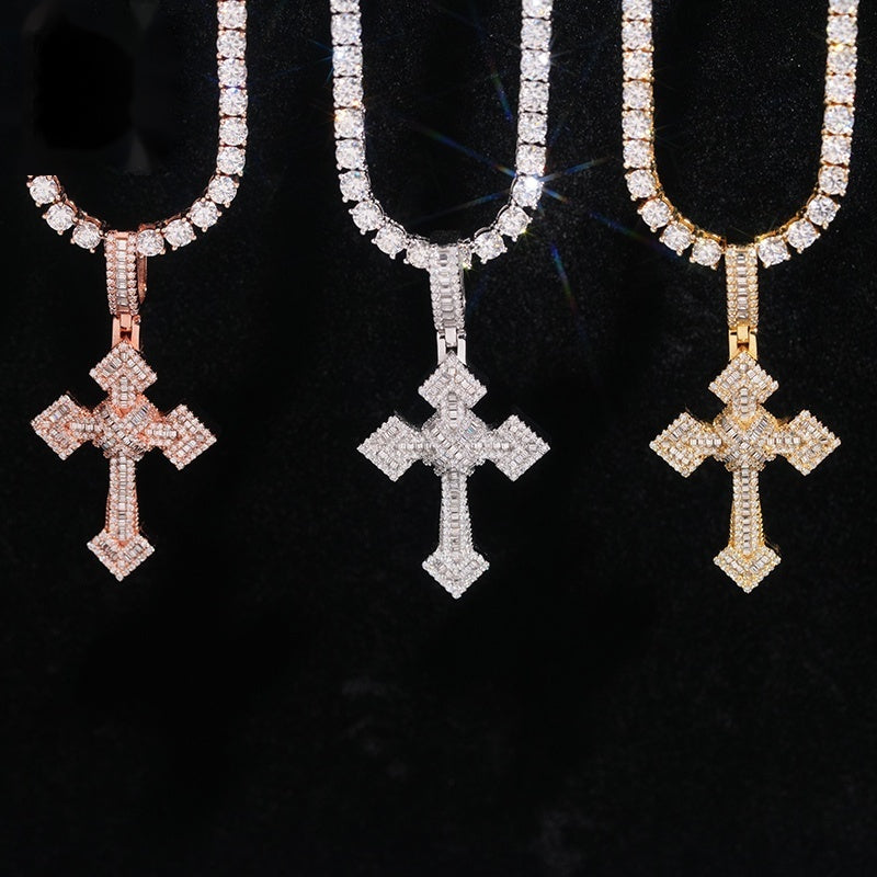 Iced Bail Baguette Cross Pendant — Moissanite, 925 Silver