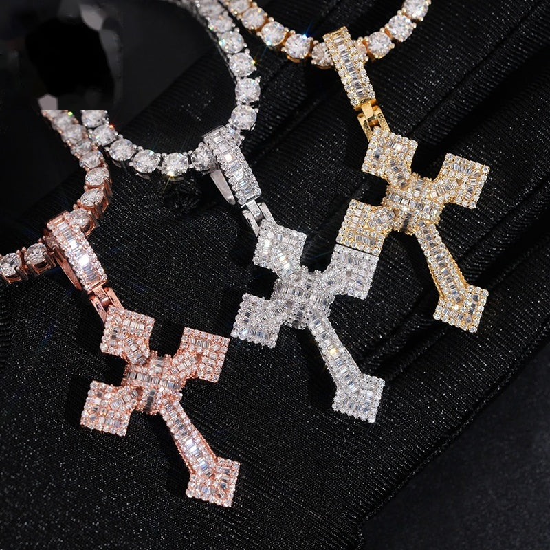 Iced Bail Baguette Cross Pendant — Moissanite, 925 Silver