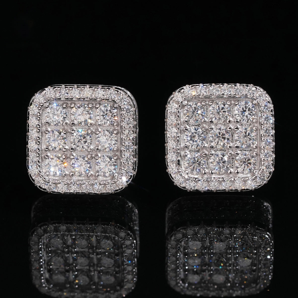 Iced Cushion Square Stud Earrings Screw Back — Moissanite, 925 Silver