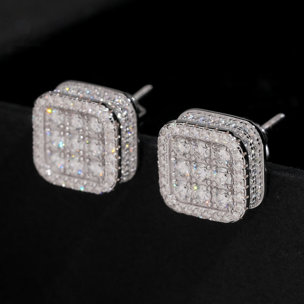 Iced Cushion Square Stud Earrings Screw Back — Moissanite, 925 Silver