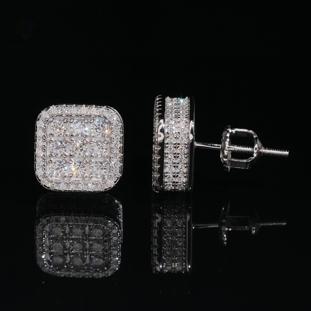 Iced Cushion Square Stud Earrings Screw Back — Moissanite, 925 Silver