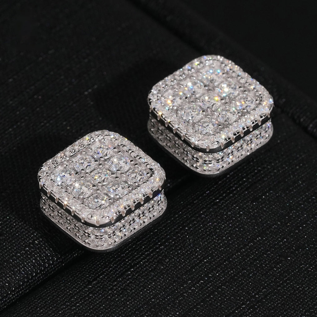 Iced Cushion Square Stud Earrings Screw Back — Moissanite, 925 Silver
