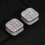 Iced Cushion Square Stud Earrings Screw Back — Moissanite, 925 Silver
