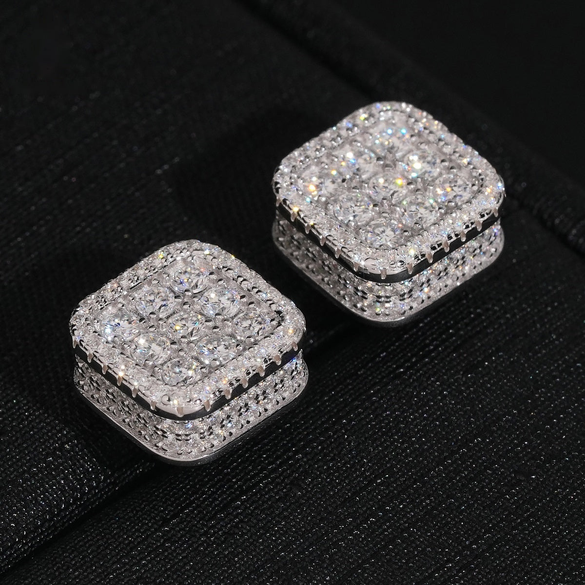Iced Cushion Square Stud Earrings Screw Back — Moissanite, 925 Silver