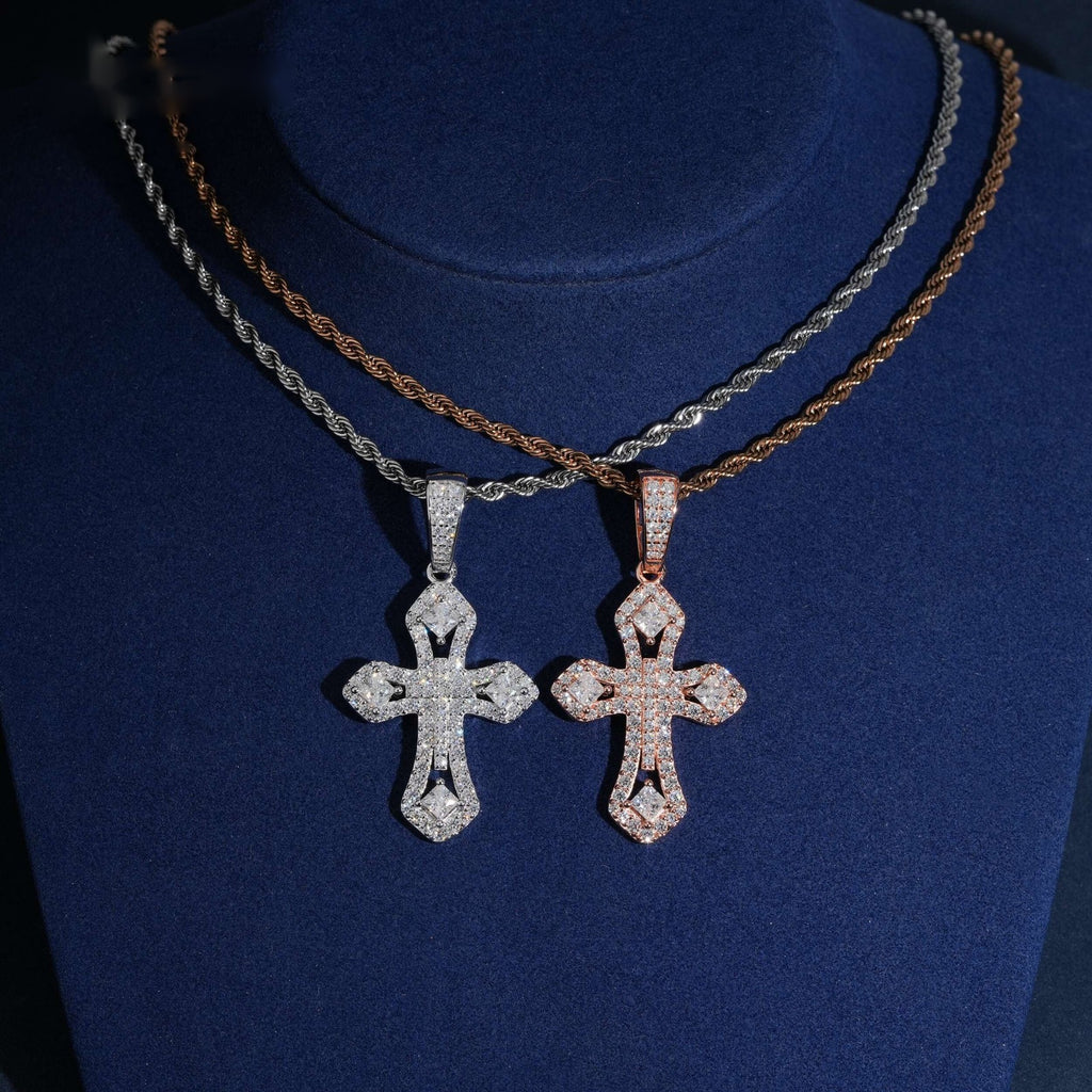 Iced Ornate Cross Pendant — Moissanite, 925 Silver