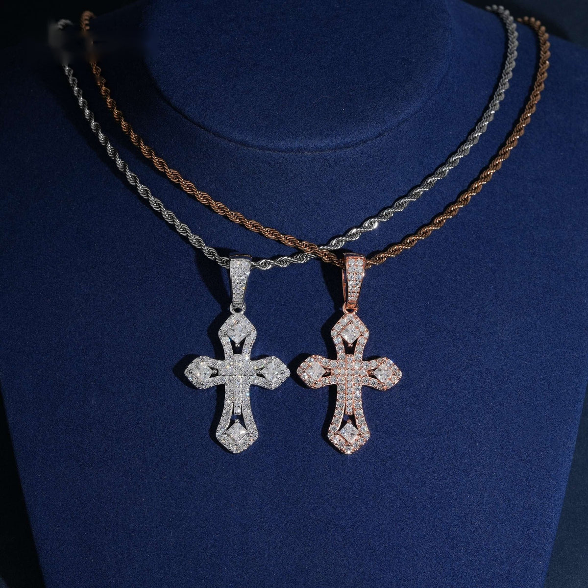 Iced Ornate Cross Pendant — Moissanite, 925 Silver