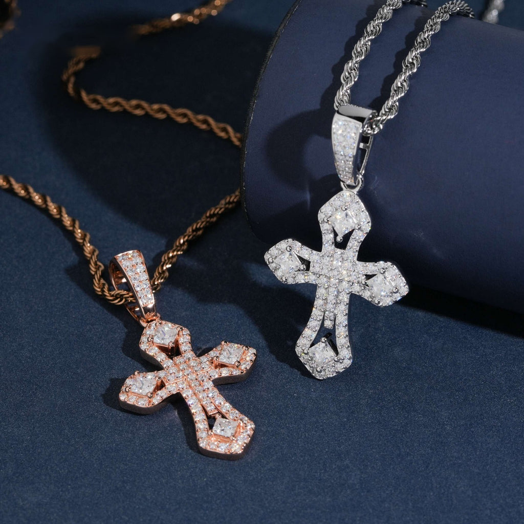 Iced Ornate Cross Pendant — Moissanite, 925 Silver