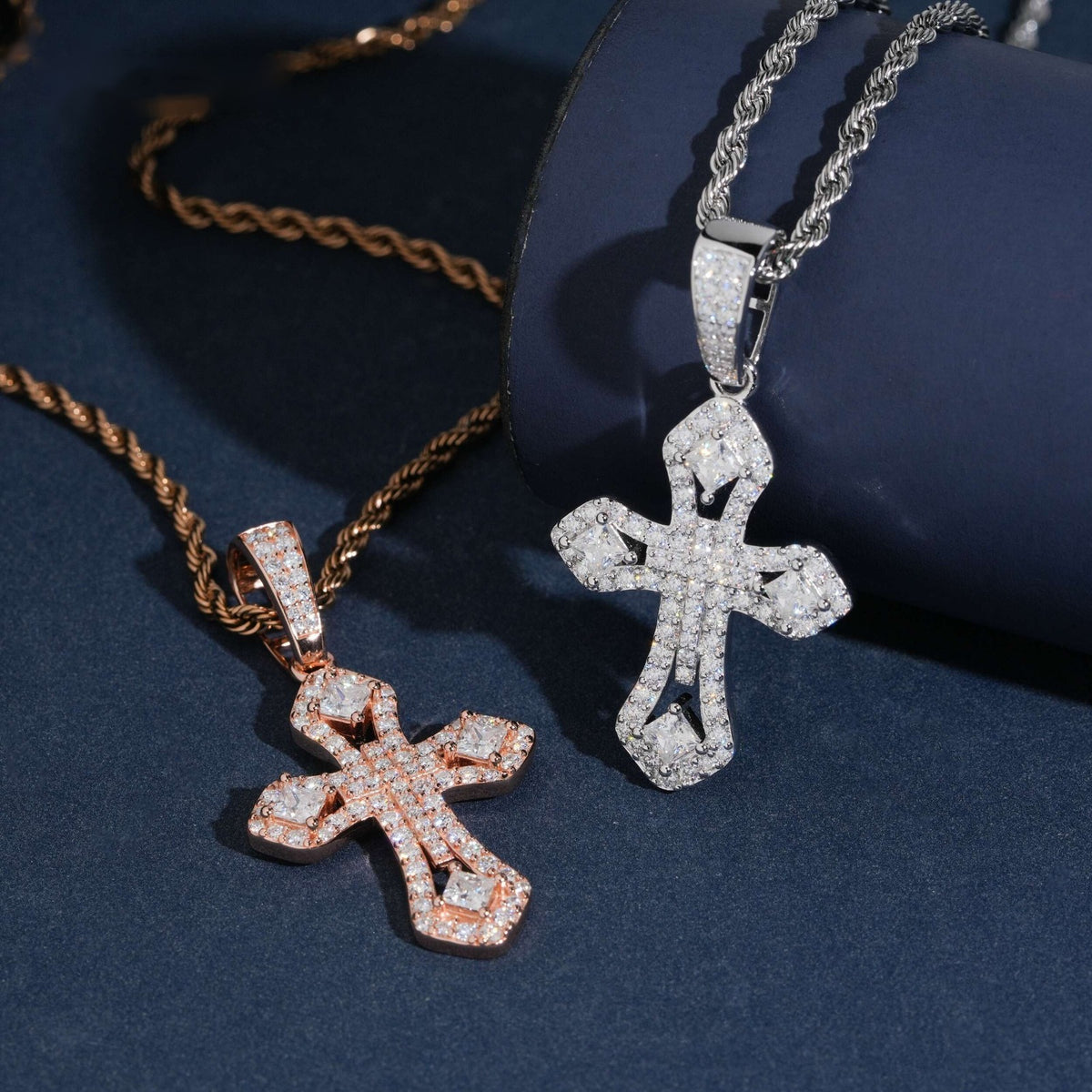 Iced Ornate Cross Pendant — Moissanite, 925 Silver