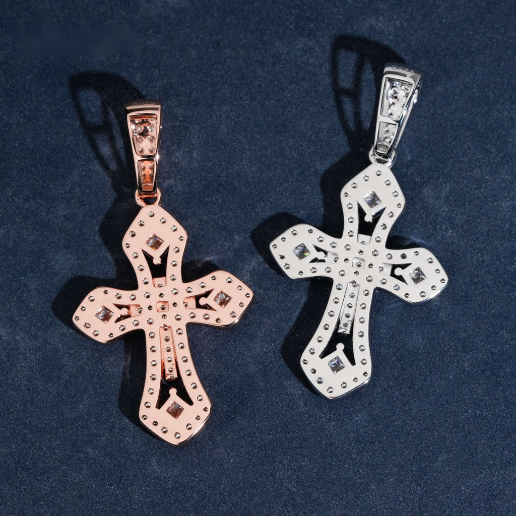 Iced Ornate Cross Pendant — Moissanite, 925 Silver