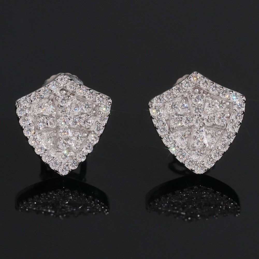 Iced Shield Stud Earrings Screw Back — Moissanite, 925 Silver