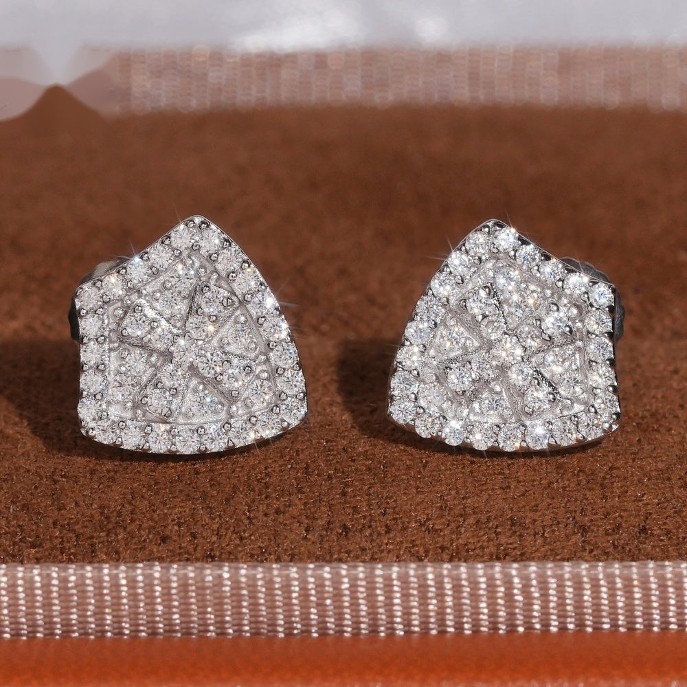Iced Shield Stud Earrings Screw Back — Moissanite, 925 Silver